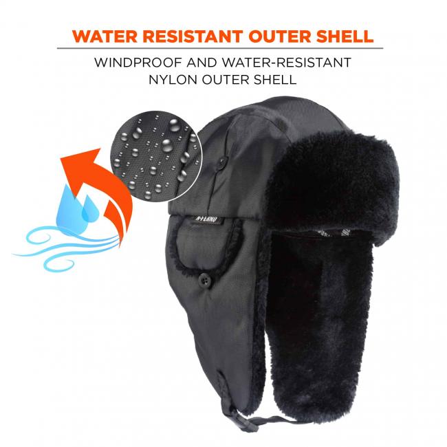 Water resistant outer shell: windproof and water-resistant nylon outer shell. Graphics show material resisting water. 