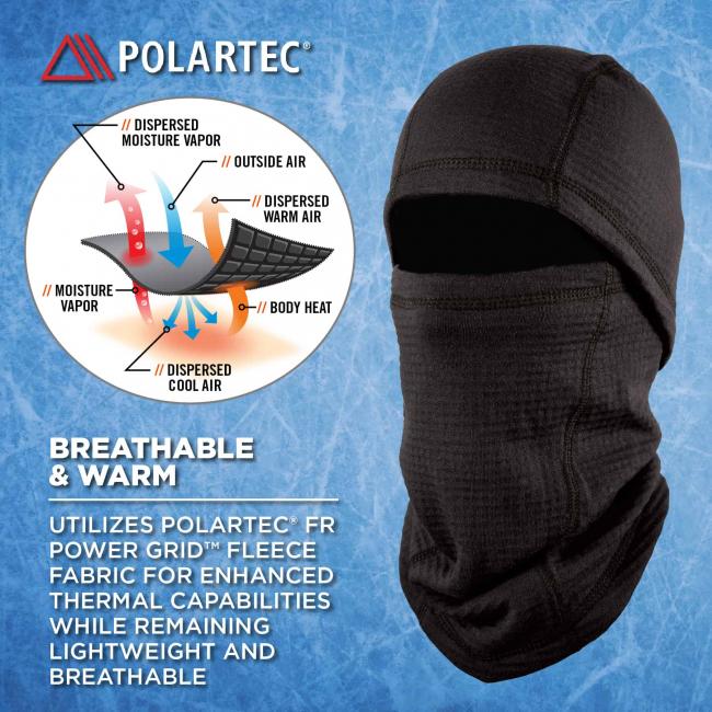 diagram showing polartec technology. breathable and warm: utilizes Polartec FR power grid fleece fabric for enhanced thermal capabilities while remaining lightweight and breathable image 5