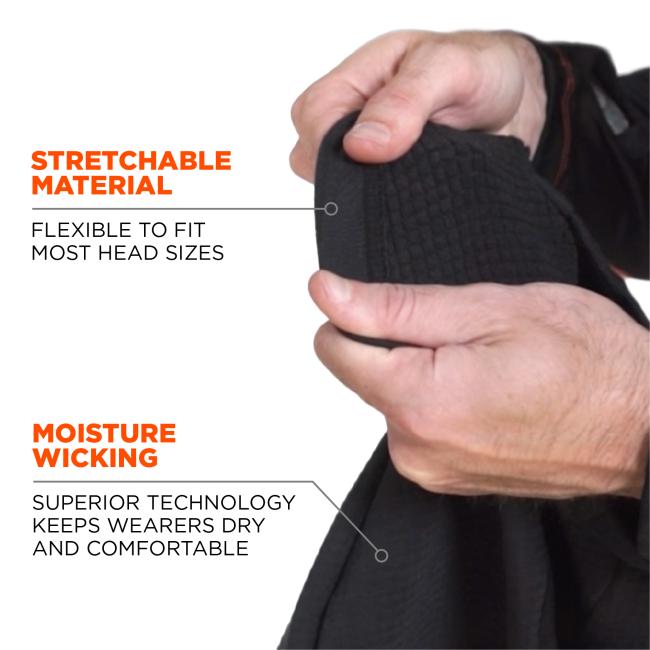 stretchable material: flexible to fit most head sizes. moisture wicking: superior technology keeps wearers dry and comfortable
