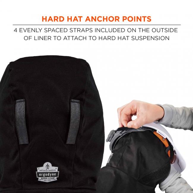 Hard hat anchor points: 4 evenly spaced straps included on the outside of liner to attach to hard hat suspension