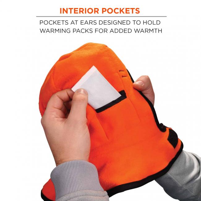 Interior pocket: pockets at ears designed to hold warming packs for added warmth