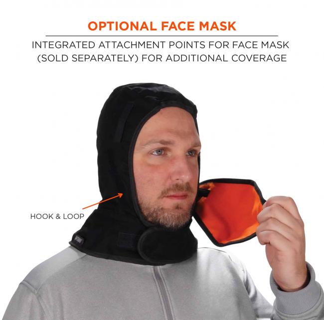 Optional face mask: Integrated attachment points for face mask (sold separately) for additional coverage. Arrow points to hook & loop feature
