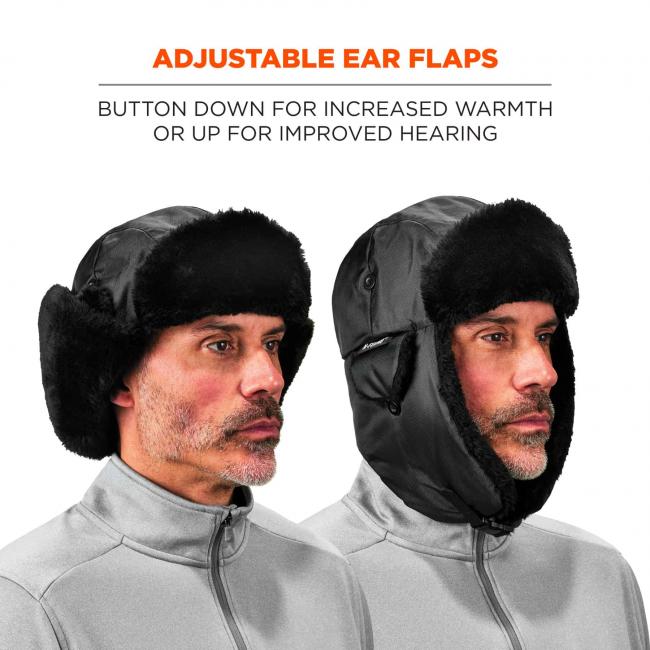 Adjustable ear flaps: button down for increased warmth or up for improved hearing