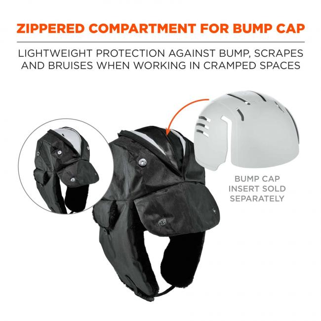 Zippered compartment for bump cap: lightweight protection against bump, scrapes, and bruises when working in cramped spaces. Graphics show bump cap insert (sold separately) fitting into zippered compartment on trapper hat. 