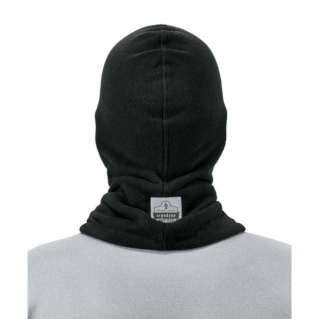 Back view of recycled fleece balaclava face mask .