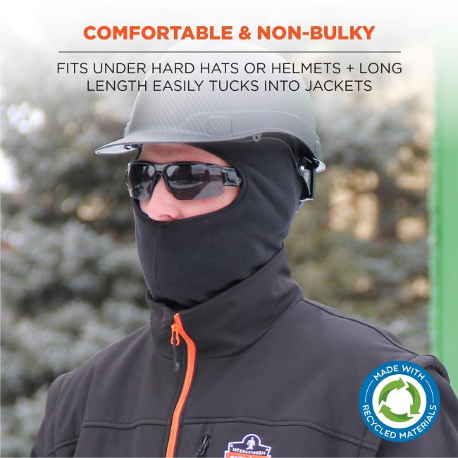 Comfortable & non-bulky: fits under hard hats or helmets and long length easily tucks into jackets