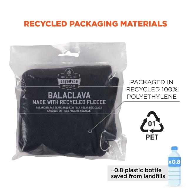 Recycled packaging materials: packaged in recycled 100% polyethylene. 01 PET. Equivalent to 0.8 plastic bottles saved from landfills
