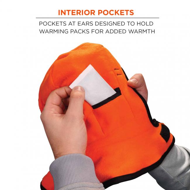 Interior pocket: pockets at ears designed to hold warming packs for added warmth