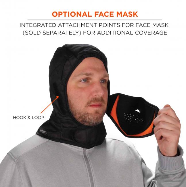 Optional face mask: Integrated attachment points for face mask (sold separately) for additional coverage. Arrow points to hook & loop feature