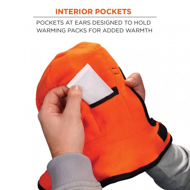 Interior pockets: pockets at ears designed to hold warming packs for added warmth