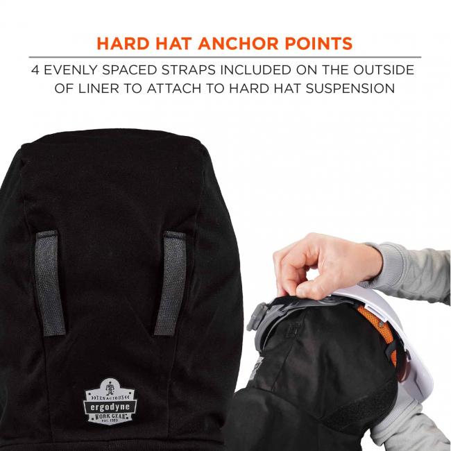 Hard hat anchor points: 4 evenly spaced straps included on the outside of liner to attach to hard hat suspension. 