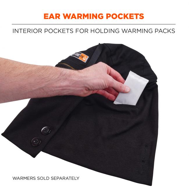 Ear warming pockets. Interior pockets for holding warming packs, warmers sold separately.