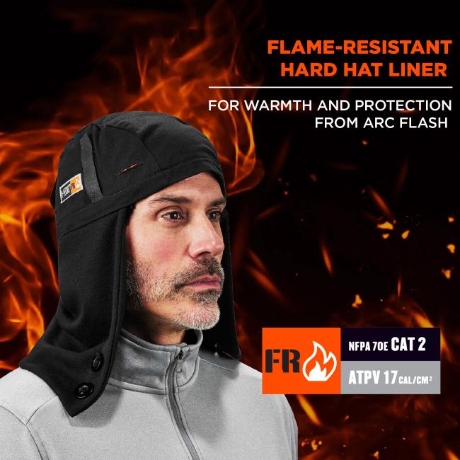 Flame resistant hard hat liner. For warmth and protection from arc flash. NFPA 70E Cat 2. ATPV 17cal/cm2.