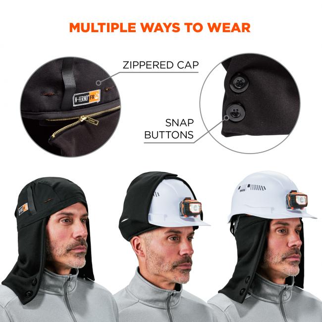 Multiple ways to wear. Zippered cap, snap buttons. Model is shown with different wearing variations.