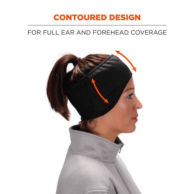 Contoured design: For full ear and forehead coverage. Arrows show contour.