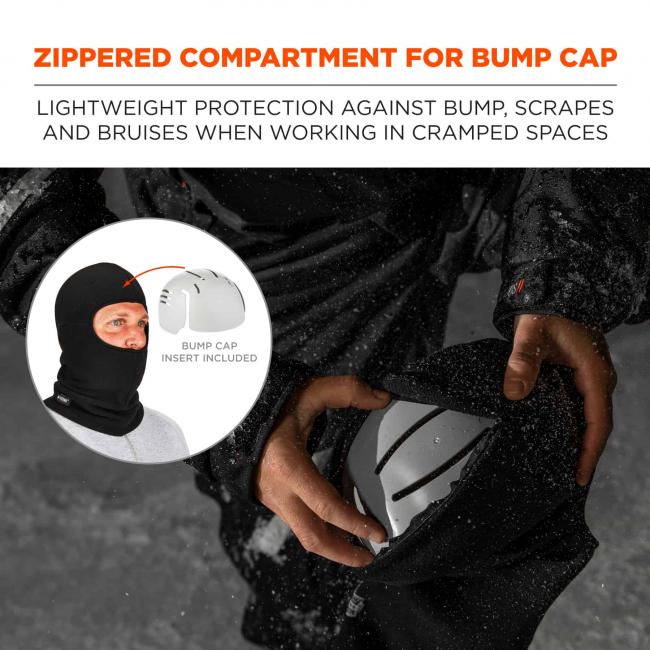 Zippered compartment for bump cap: lightweight protection against bump, scrapes and bruises when working in cramped spaces. Small image shows bump cap with arrow pointing to balaclava and says “bump cap insert included”