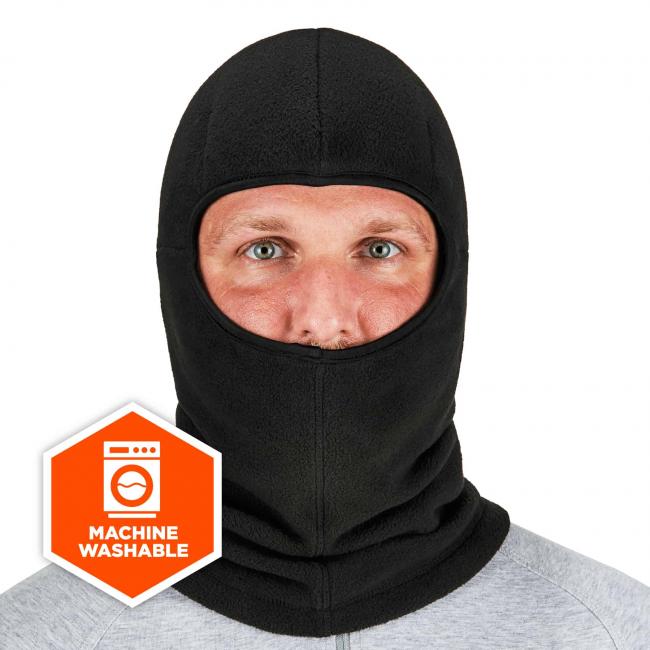 Balaclava on model facing forward. Icon says machine washable