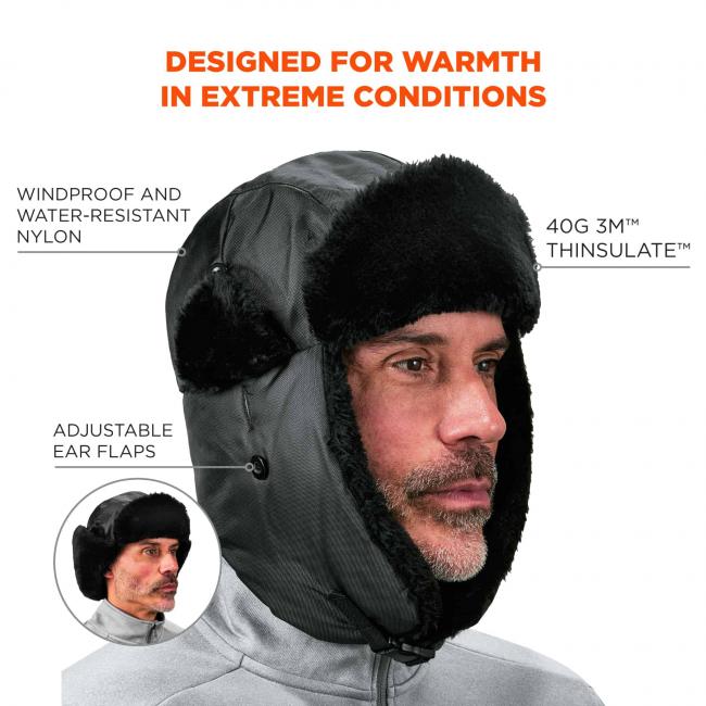 Designed for warmth in extreme conditions. Callout points to hat and says “windproof and water-resistant nylon”. Callout pointing to right side of hat says “40g 3M thinsulate”. Call out near bottom says “adjustable ear flaps”