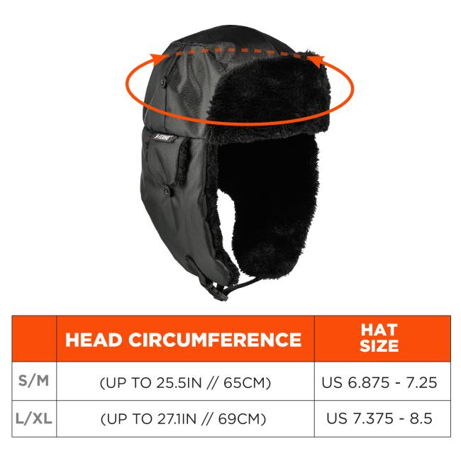 Size chart. Graphic indicate that measurements are for circumference near top of head. Size S/M has dimensions 25.5in (65cm), fits hat size 6.875 to 7.25. Size L/XL has dimensions 27.1in (69cm), fits hat size of 7.375 to 8.5 .