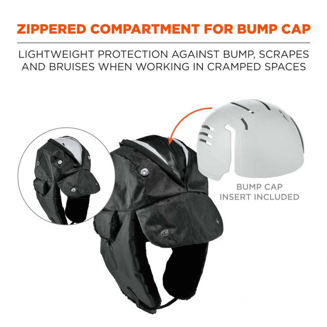 Zippered compartment for bump cap: lightweight protection against bump, scrapes, and bruises when working in cramped spaces. Graphics show bump cap insert (included) fitting into zippered compartment on trapper hat. 