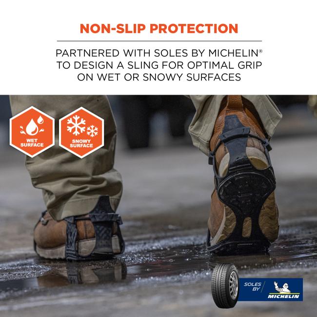 Anti-slip protection: partnered with soles by michelin to design a sling for optimal grip on wet or snowy surfaces