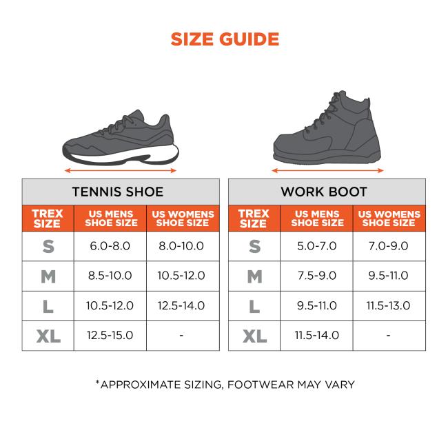 Size guide. Tennis shoe: small fits 6 to 8 men's shoe size and 8 to 10 women's. Medium fits 8.5 to 10 size mens and 10.5 to 12 womens. Large fits 10.5 to 12 mens and 12.5 to 14 womens. Extra large first 12.5 to 15 mens shoe. Work boot: small fits 5 to 7 mens boot and 7 to 9 womens boot. Medium fits 7.5 to 9 mens boot and 9.5 to 11 womens. Large fits 9.5 to 11 mens boot and 11.5 to 13 womens boot. Extra large fits 11.5 to 14 mens boot