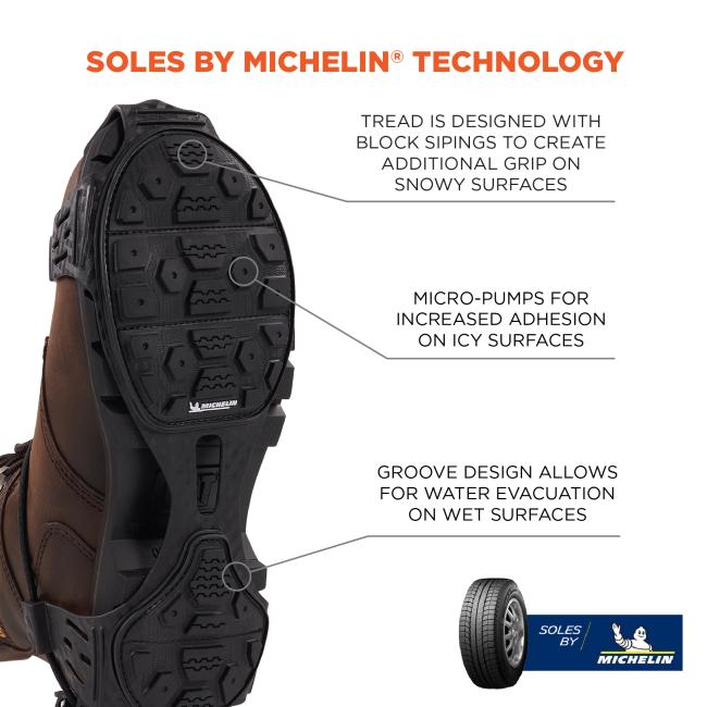 Soles by michelin technology: tread is designed with block sipings to create additional grip on snowy surfaces, micro-pumps for increased adhesion on icy surfaces, groove design allows for water evacuation on wet surfaces
