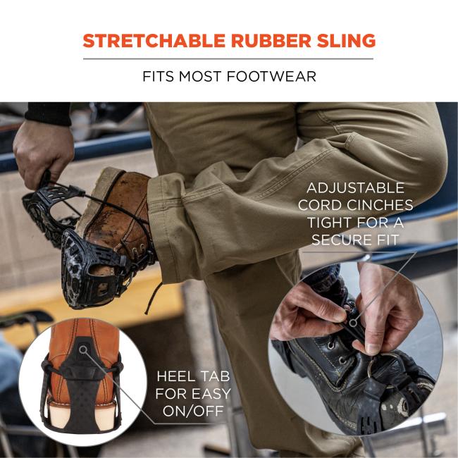 Stretchable rubber sling: fits most footwear adjustable cord cinches tight for a secure fit, heel tab for easy on and off.