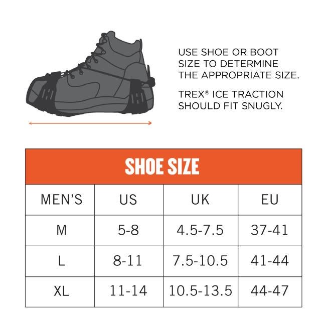 Use shoe or boot size to determine the appropriate size. Trex Ice Traction should fit snugly. Size M dimensions: 5-8 US Mens. Size L dimensions: 8-11 US Mens. Size XL dimensions: 11-14 US Mens.