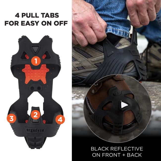 4 pull tabs for easy on off. Black reflective on front + back