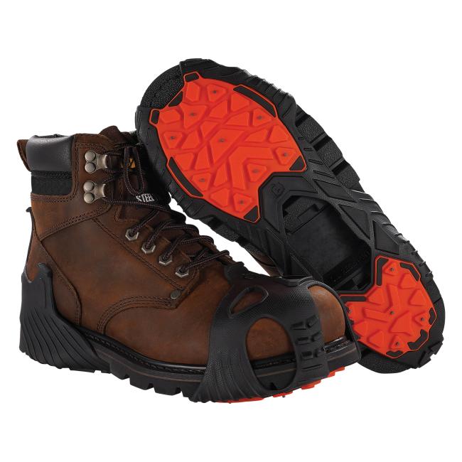 Combo view of ice traction cleats on boots .