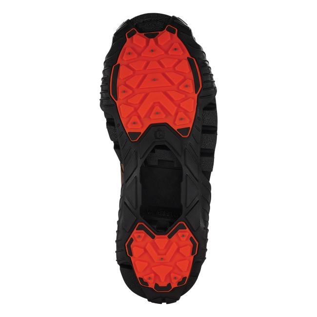 Sole view of ice traction cleats on a boot
