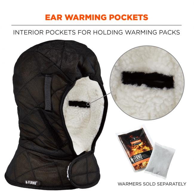 Ear warming pockets. Interior pockets for holding warming packs. Warmers sold separately.