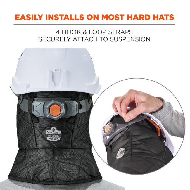 Easily installs on most hard hats. 4 hook and loop straps securely attach to suspension. Model is shown installing and adjusting straps to secure liner.