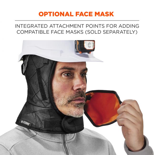 Optional face mask. Integrated attachment points for adding compatible face masks sold separately. Model is showing detached mask.