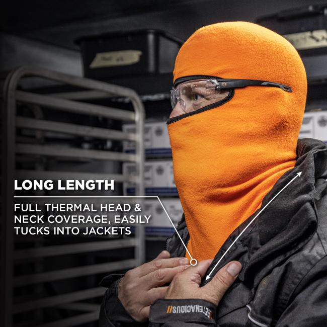 Long length. Full thermal head and neck coverage, easily tucks into jackets.