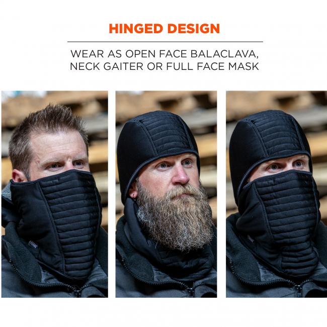 Hinged design: wear as open face balaclava, neck gaiter or full face mask