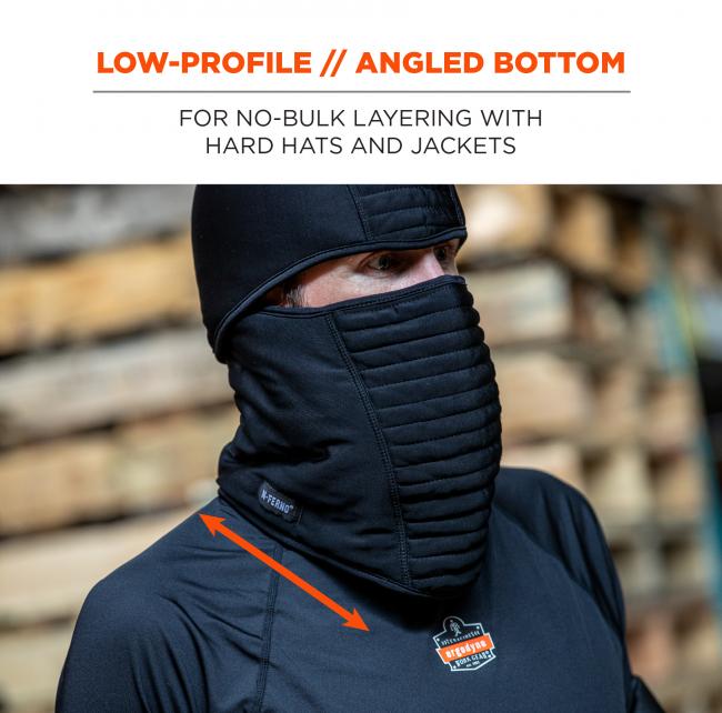 Low-profile/angled bottom: for no-bulk layering with hard hats and jackets. 