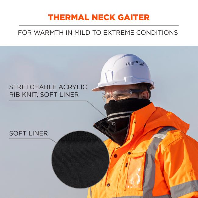 Thermal neck gaiter for warmth in mild to extreme conditions. Stretchable acrylic rib knit, soft liner. Soft liner.