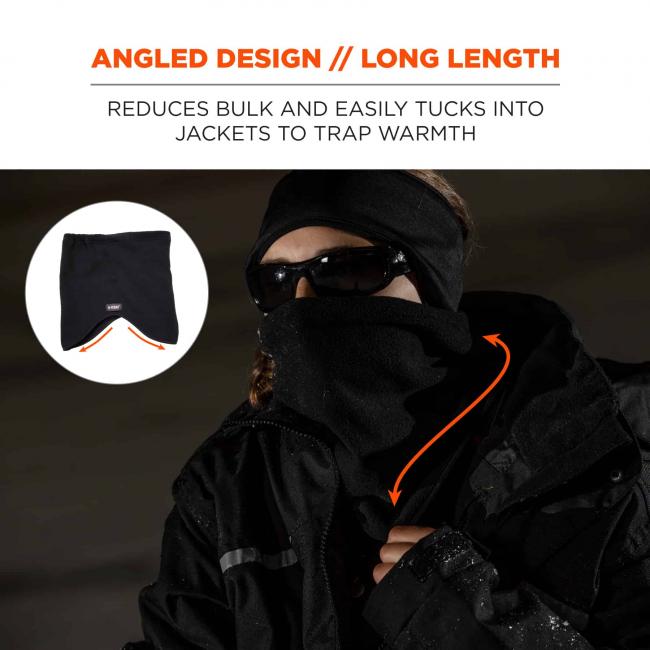 Angled design // long length: reduces bulk and easily tucks into jackets to trap warmth