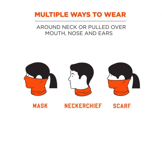 Multiple ways to wear: around neck or pulled over mouth, nose and ears. Icons show gaiter being worn as mask, neckerchief or scarf.