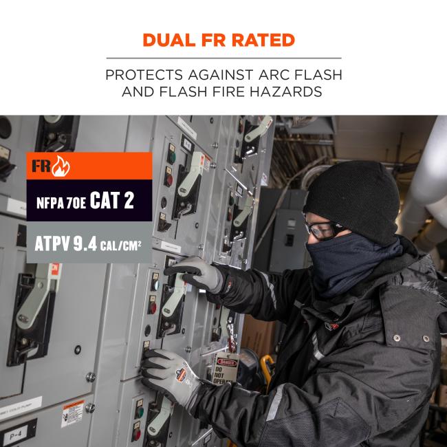 Dual FR rated: Protects against arc flash and flash fire hazards. Icons say: FR, NFPA 70E CAT 2, ATPV 9.4 CAL/CM2