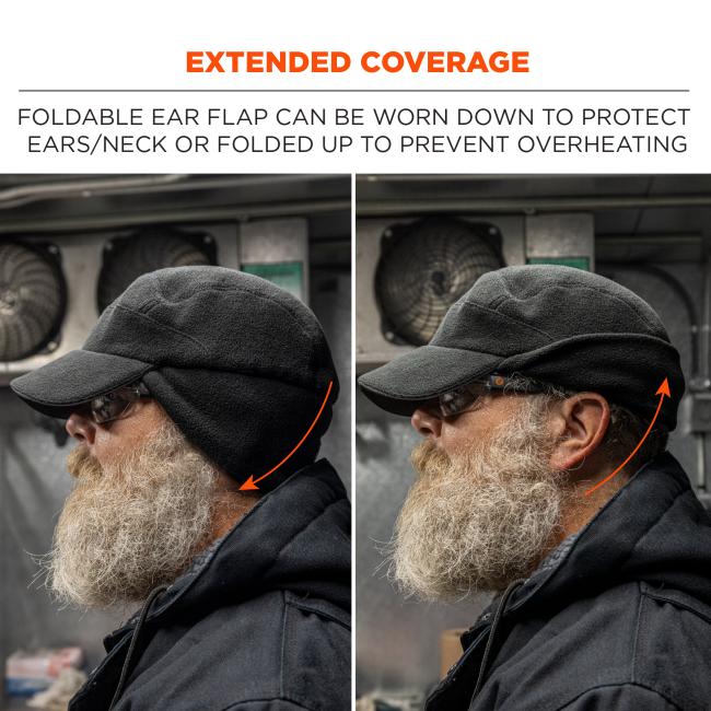 Extended coverage. Foldable ear flap can be worn down to protect ears and neck or folded up to prevent overheating.