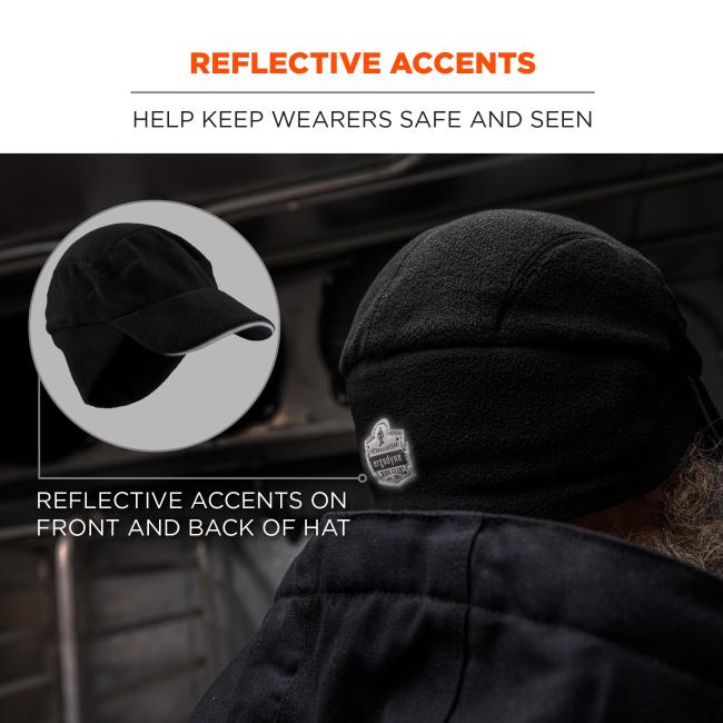 Reflective accents help keep wearers safe and seen. Reflective accents on front (brim) and back (badge) of hat.