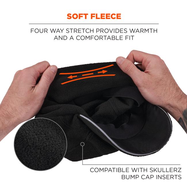 Soft fleece. Four way stretch provides warmth and a comfortable fit. Compatible with Skullerz bump cap inserts.