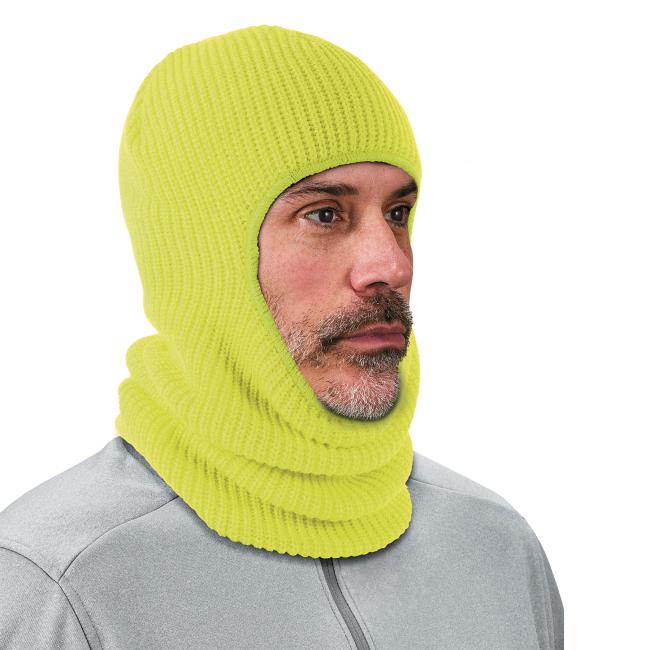 3-quarter view of lime rib knit balaclava on model with face uncovered