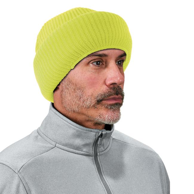 3-quarter view of lime rib knit balaclava worn as a hat