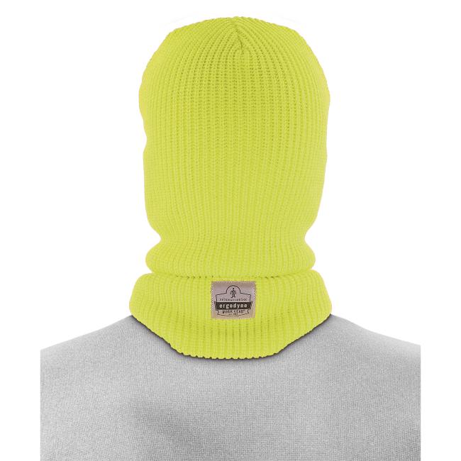back view of lime rib knit balaclava
