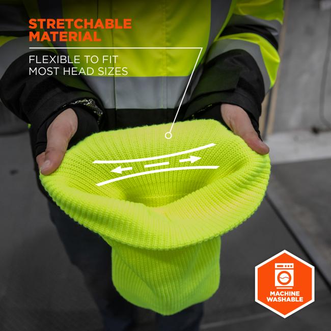 Stretchable material. Flexible to fit most head sizes. Machine washable