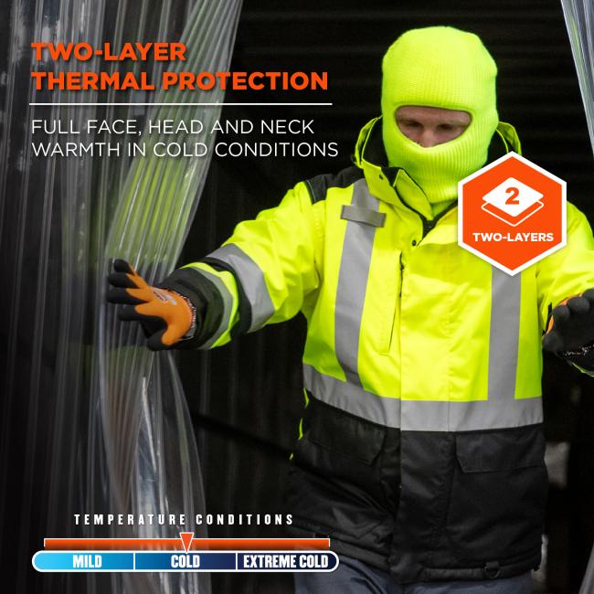 Two-layer thermal protection. Full face, head and neck warmth in cold conditions. Temperature conditions: mild, cold, extreme cold